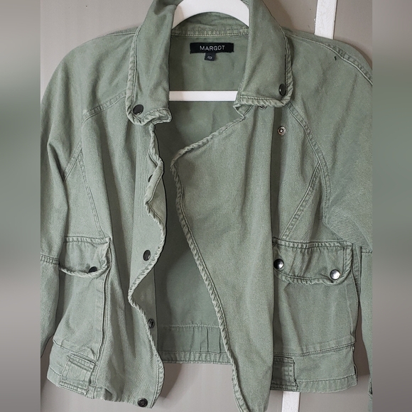 Margot Sage Green Cropped Utility Jacket Snap Front Cotton Small